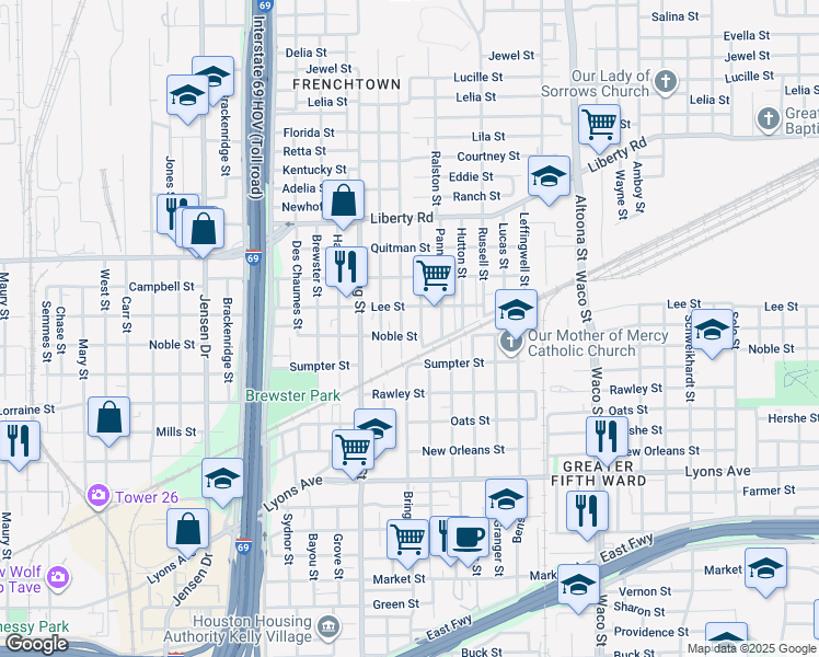 map of restaurants, bars, coffee shops, grocery stores, and more near 2106 Bringhurst Street in Houston