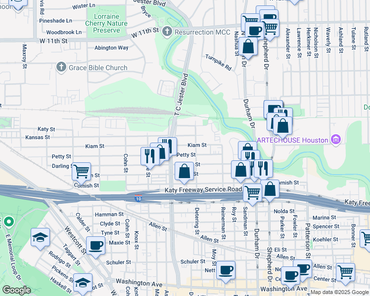 map of restaurants, bars, coffee shops, grocery stores, and more near 5315 Kiam Street in Houston