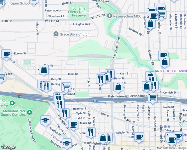 map of restaurants, bars, coffee shops, grocery stores, and more near 5519 Kiam Street in Houston