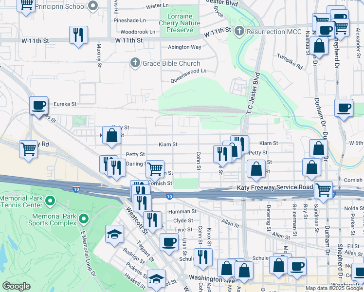 map of restaurants, bars, coffee shops, grocery stores, and more near 5639 Kiam Street in Houston