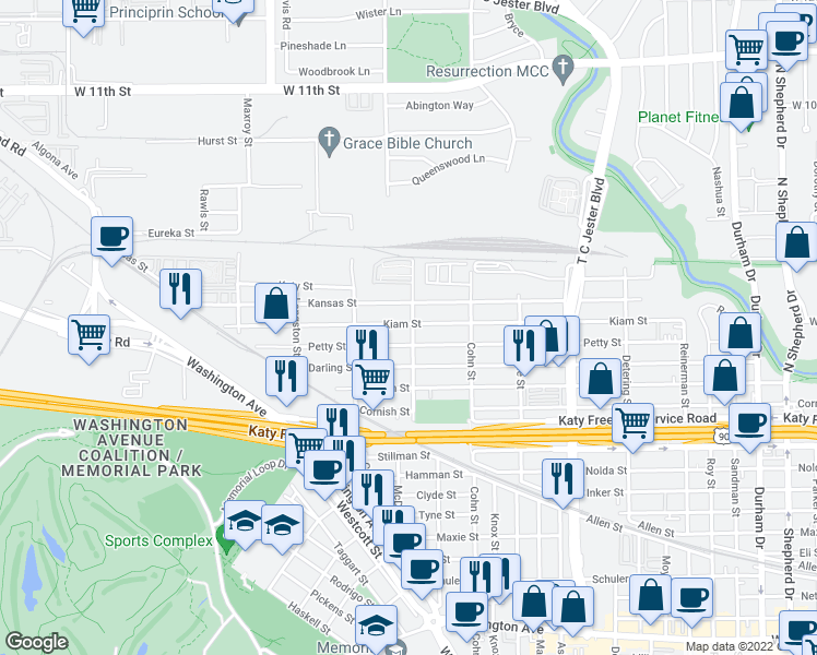 map of restaurants, bars, coffee shops, grocery stores, and more near 5639 Kiam Street in Houston