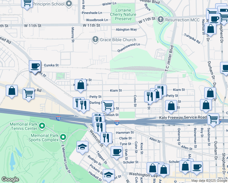 map of restaurants, bars, coffee shops, grocery stores, and more near 5721 Kiam Street in Houston
