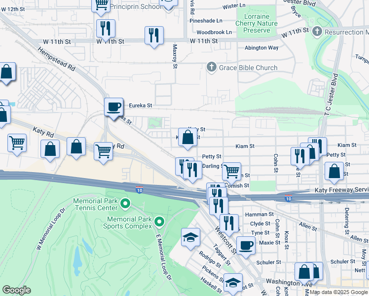 map of restaurants, bars, coffee shops, grocery stores, and more near 5927 Kiam Street in Houston