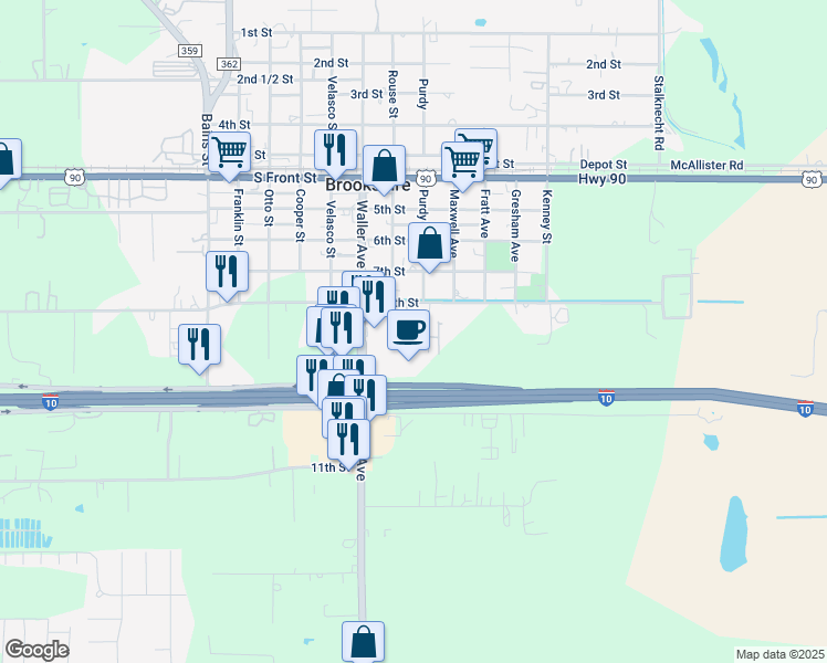 map of restaurants, bars, coffee shops, grocery stores, and more near 217 Waller Avenue in Brookshire