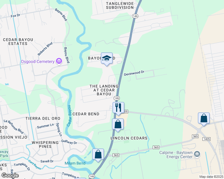 map of restaurants, bars, coffee shops, grocery stores, and more near 5827 Dylan Drive in Baytown