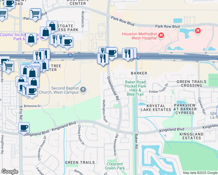 map of restaurants, bars, coffee shops, grocery stores, and more near 19406 Allview Lane in Houston