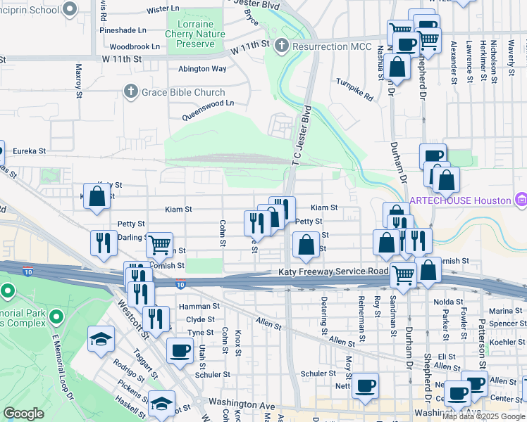 map of restaurants, bars, coffee shops, grocery stores, and more near 5431 Kiam Street in Houston