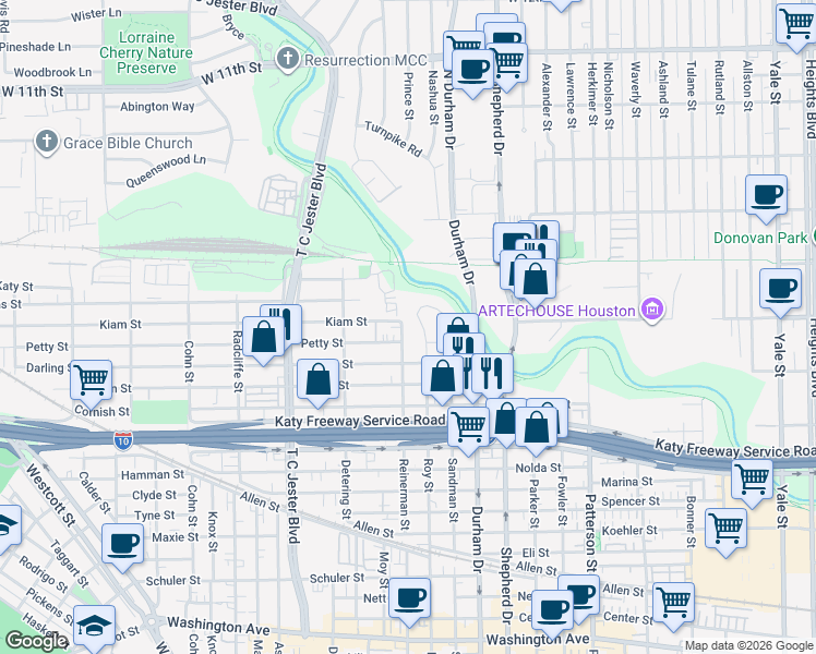 map of restaurants, bars, coffee shops, grocery stores, and more near 2410 Reinerman Street in Houston