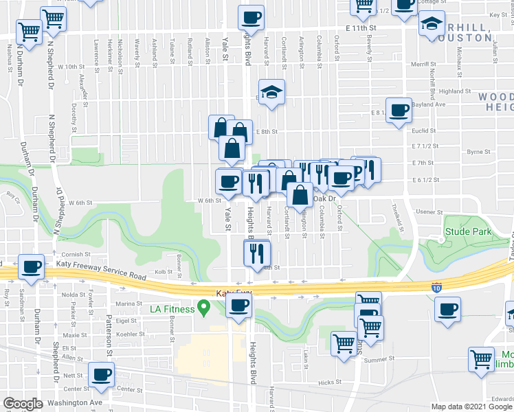 map of restaurants, bars, coffee shops, grocery stores, and more near 550 Heights Boulevard in Houston
