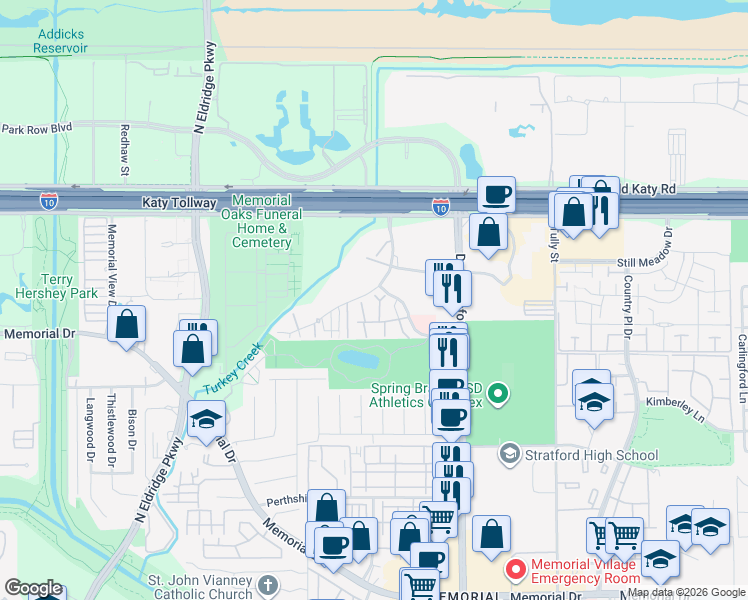 map of restaurants, bars, coffee shops, grocery stores, and more near 14715 Barryknoll Lane in Houston