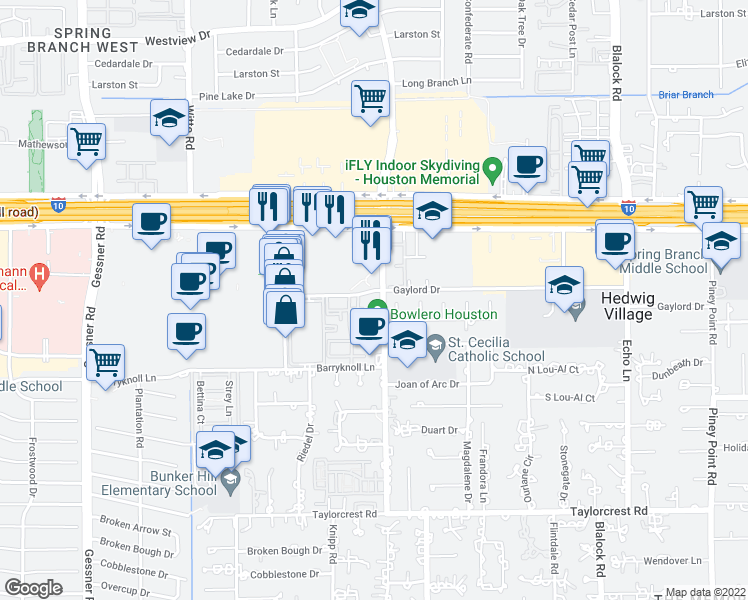 map of restaurants, bars, coffee shops, grocery stores, and more near 937 Bunker Hill Road in Houston