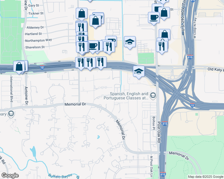 map of restaurants, bars, coffee shops, grocery stores, and more near 9009 Wickford Drive in Houston