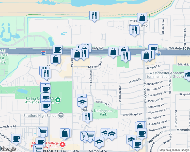 map of restaurants, bars, coffee shops, grocery stores, and more near 14342 Country Place Circle in Houston
