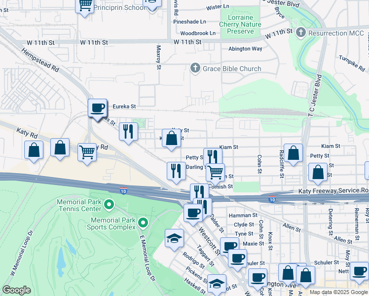 map of restaurants, bars, coffee shops, grocery stores, and more near 5853 Kiam Street in Houston