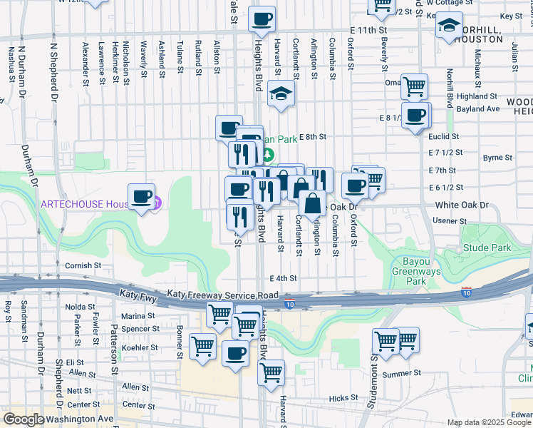 map of restaurants, bars, coffee shops, grocery stores, and more near 550 Heights Boulevard in Houston