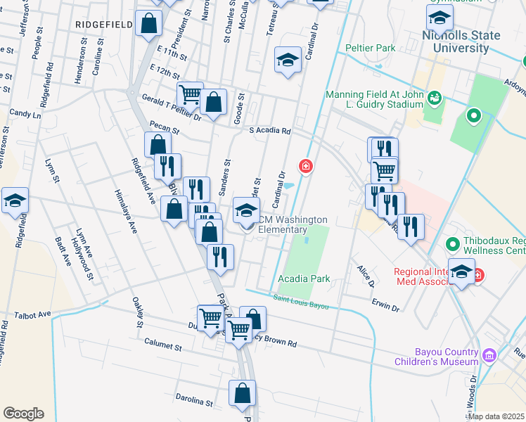 map of restaurants, bars, coffee shops, grocery stores, and more near 1402 Cardinal Drive in Thibodaux