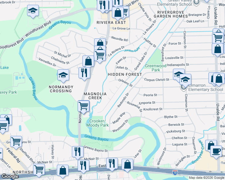 map of restaurants, bars, coffee shops, grocery stores, and more near 12814 Emporia Street in Houston