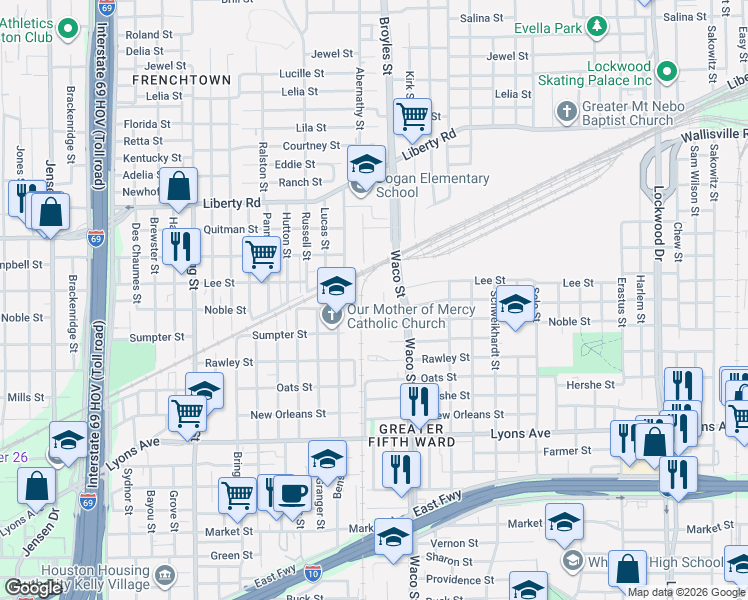 map of restaurants, bars, coffee shops, grocery stores, and more near 4211 Nichols Street in Houston