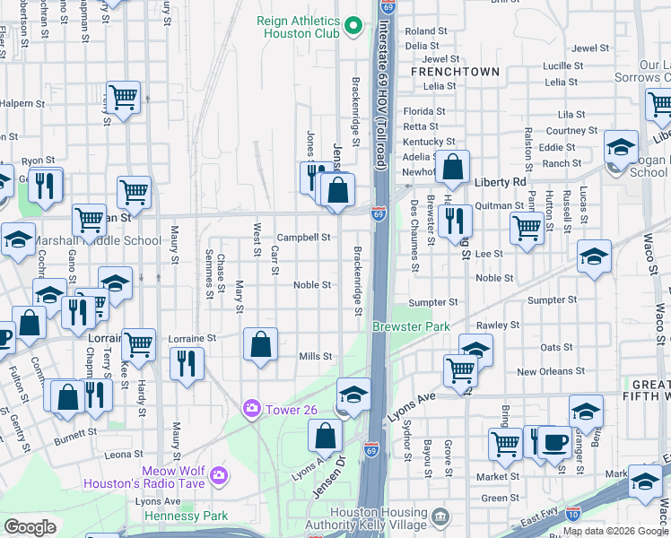map of restaurants, bars, coffee shops, grocery stores, and more near 2110 Jensen Drive in Houston