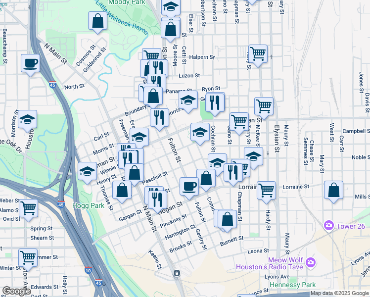 map of restaurants, bars, coffee shops, grocery stores, and more near 2112 Common Street in Houston