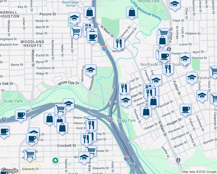 map of restaurants, bars, coffee shops, grocery stores, and more near 1222 Wrightwood Street in Houston