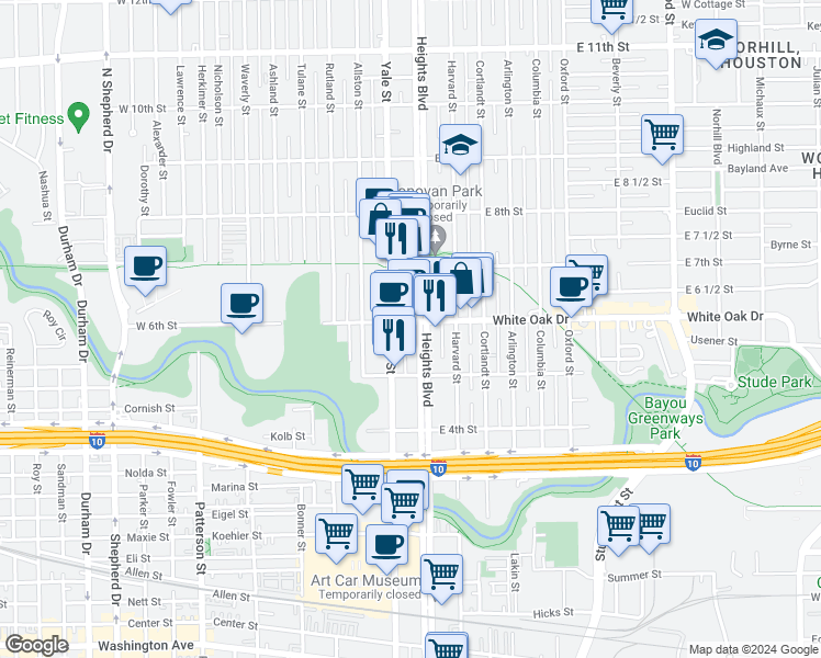 map of restaurants, bars, coffee shops, grocery stores, and more near 536 Yale Street in Houston