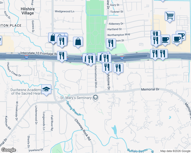 map of restaurants, bars, coffee shops, grocery stores, and more near 745 International Boulevard in Houston