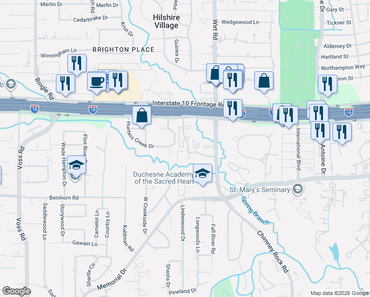 map of restaurants, bars, coffee shops, grocery stores, and more near 300-317 Queen Annes Road in Houston