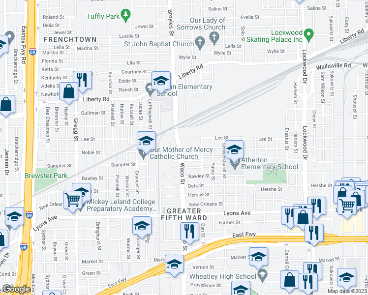 map of restaurants, bars, coffee shops, grocery stores, and more near 2302 Waco Street in Houston