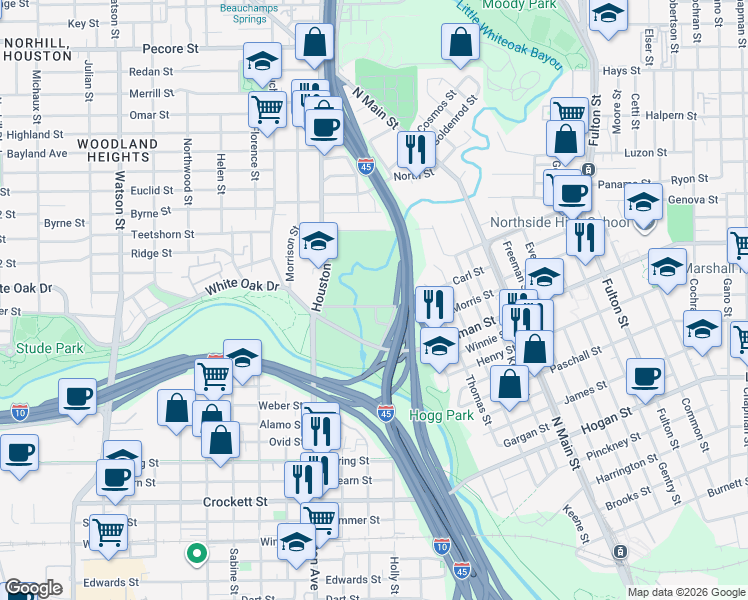 map of restaurants, bars, coffee shops, grocery stores, and more near 1222 Wrightwood Street in Houston
