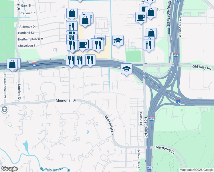 map of restaurants, bars, coffee shops, grocery stores, and more near 9009 Wickford Drive in Houston