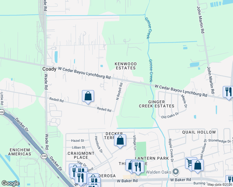 map of restaurants, bars, coffee shops, grocery stores, and more near 5417 North Redell Road in Baytown
