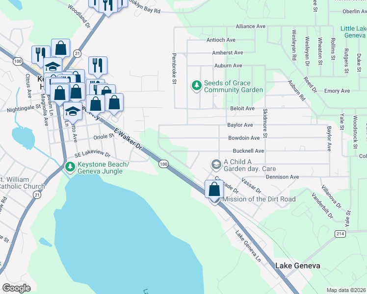 map of restaurants, bars, coffee shops, grocery stores, and more near 6422 Bucknell Avenue in Keystone Heights