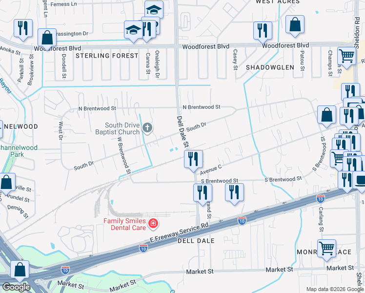 map of restaurants, bars, coffee shops, grocery stores, and more near 15328 South Drive in Channelview