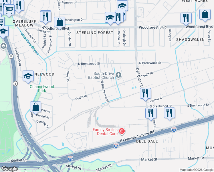 map of restaurants, bars, coffee shops, grocery stores, and more near 15203 South Drive in Channelview