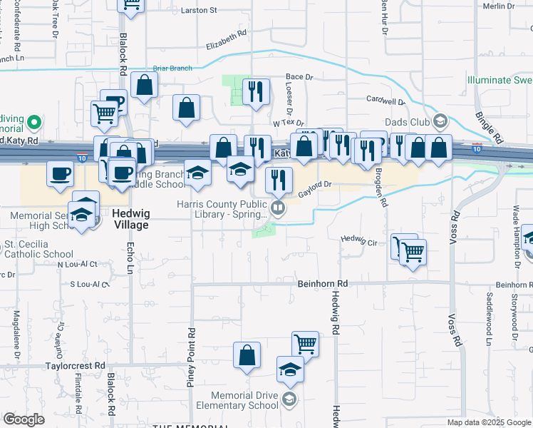 map of restaurants, bars, coffee shops, grocery stores, and more near 9075 Gaylord Drive in Houston