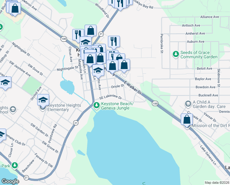 map of restaurants, bars, coffee shops, grocery stores, and more near 560 Live Oak Avenue in Keystone Heights