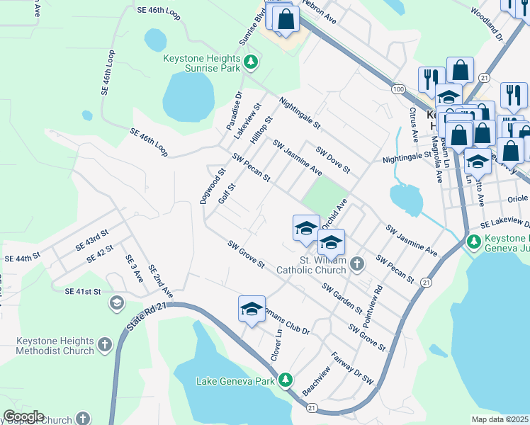 map of restaurants, bars, coffee shops, grocery stores, and more near 900 Orchid Avenue in Keystone Heights