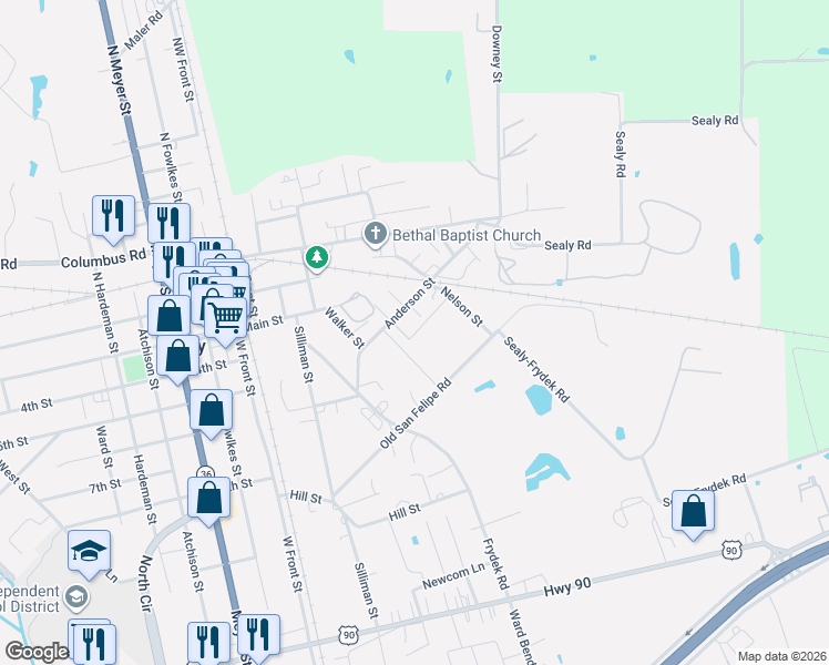 map of restaurants, bars, coffee shops, grocery stores, and more near 626 Depriest Street in Sealy