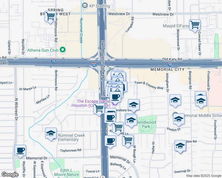 map of restaurants, bars, coffee shops, grocery stores, and more near 803 Town and Country Boulevard in Houston