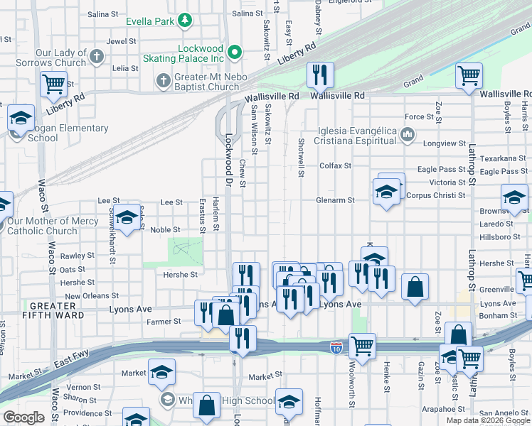map of restaurants, bars, coffee shops, grocery stores, and more near 2116 Sakowitz Street in Houston