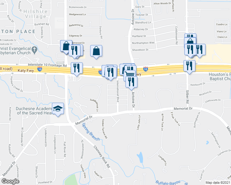 map of restaurants, bars, coffee shops, grocery stores, and more near 745 International Boulevard in Houston