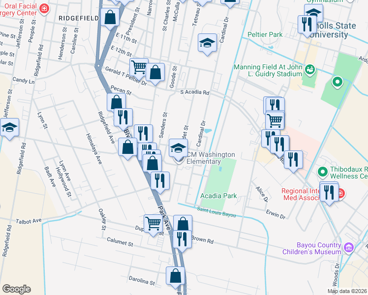map of restaurants, bars, coffee shops, grocery stores, and more near 1400-1498 Ledet St in Thibodaux