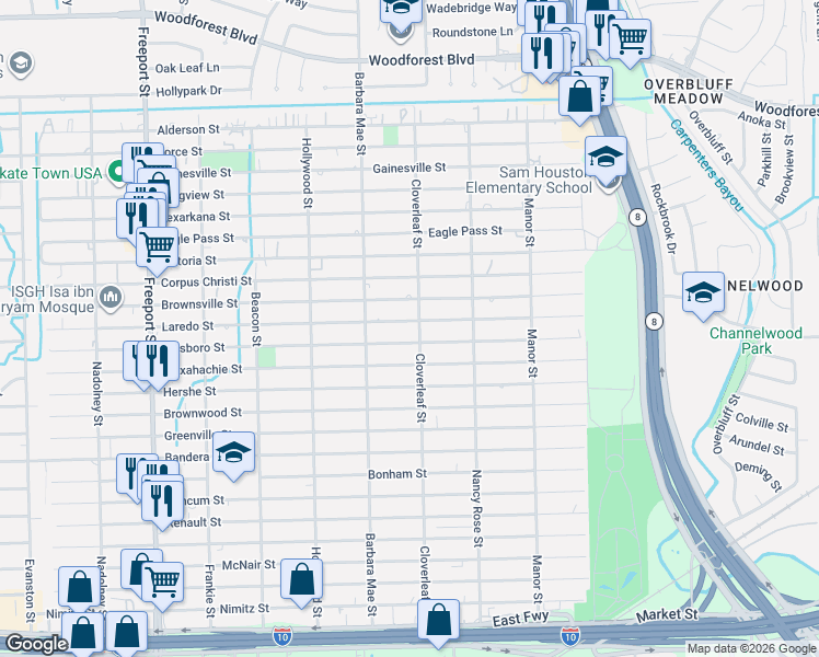 map of restaurants, bars, coffee shops, grocery stores, and more near 827 Cloverleaf Street in Houston