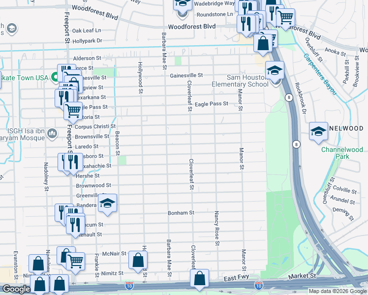 map of restaurants, bars, coffee shops, grocery stores, and more near 827 Cloverleaf Street in Houston