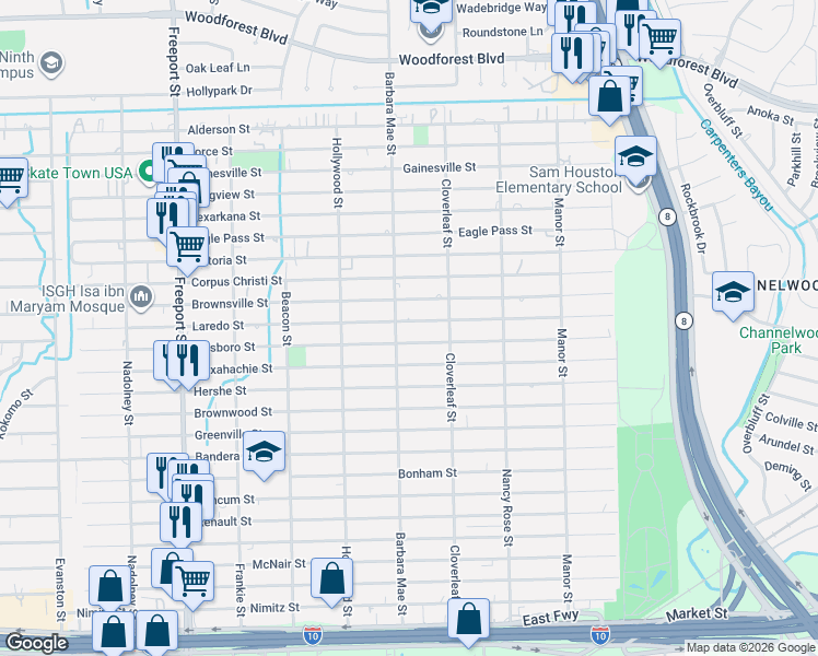 map of restaurants, bars, coffee shops, grocery stores, and more near 14319 Hillsboro Street in Houston