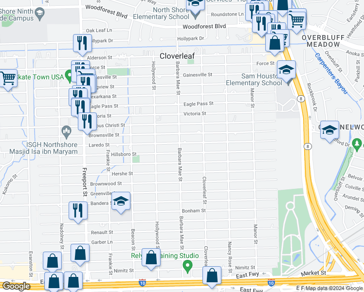 map of restaurants, bars, coffee shops, grocery stores, and more near 14319 Hillsboro Street in Houston