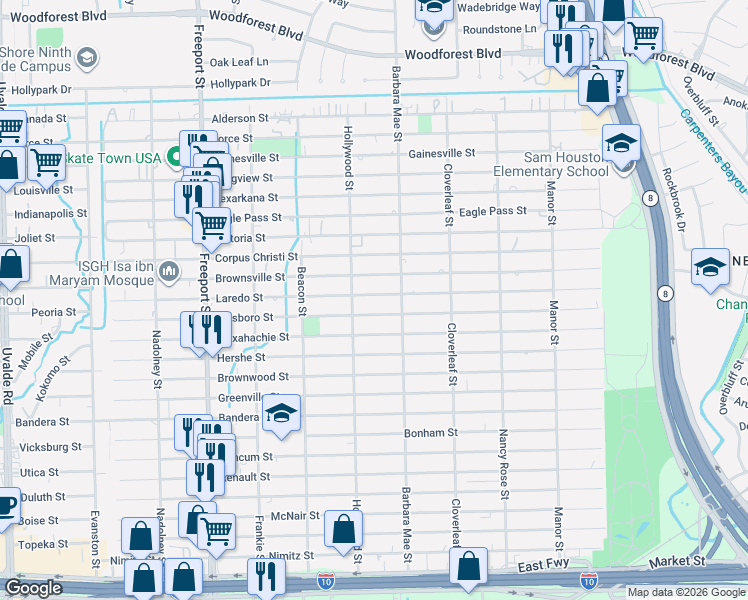 map of restaurants, bars, coffee shops, grocery stores, and more near 14231 Hillsboro Street in Houston