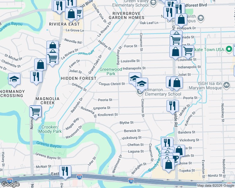 map of restaurants, bars, coffee shops, grocery stores, and more near 13033 Peoria Street in Houston