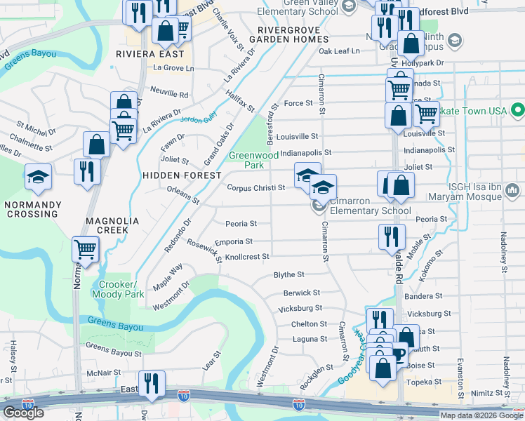 map of restaurants, bars, coffee shops, grocery stores, and more near 13033 Peoria Street in Houston